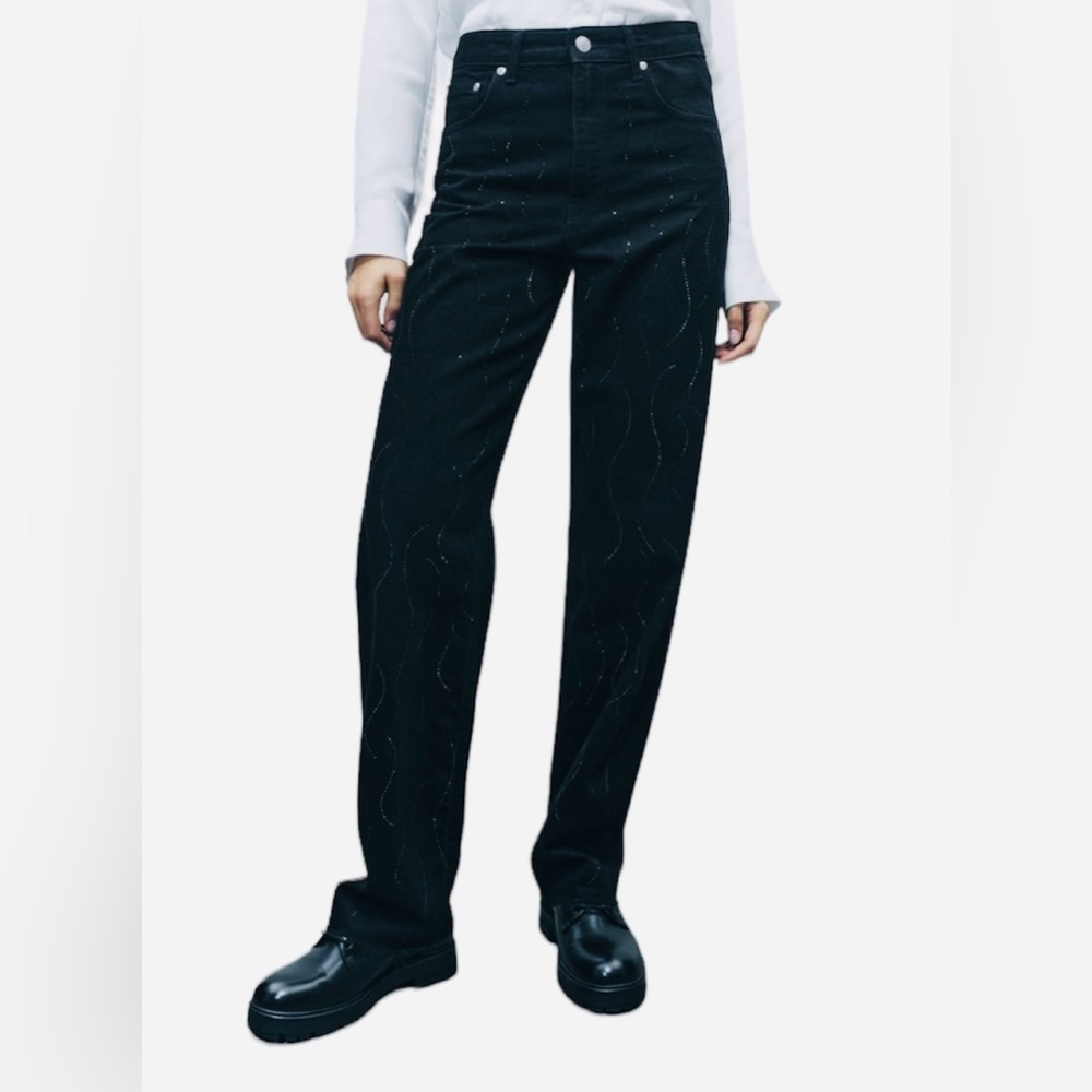 Zara Womens Straight Leg Mid Rise Rhinestone Black Jeans Size US 2/ EU 34 NWT
